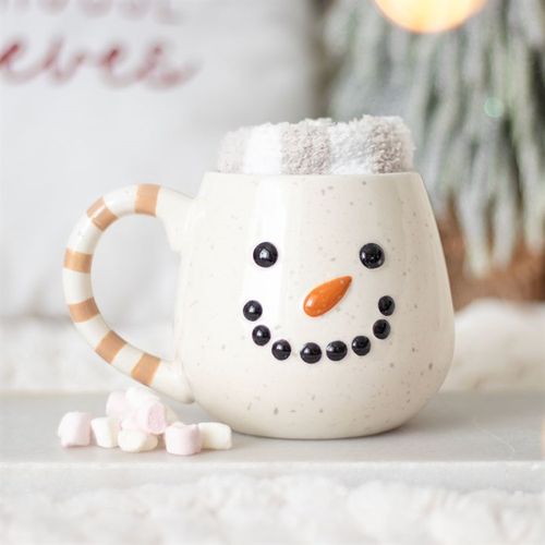 Charming Snowman Mug and Socks Set, perfect for cosy winter days and a delightful Christmas gift.