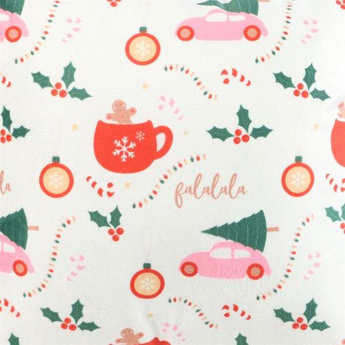 Square Sugarplum Fun Christmas Print Cushion with festive designs and pink pom poms for a vibrant holiday decor.