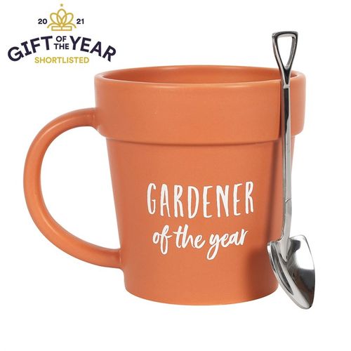 Terracotta mug styled as a plant pot with a shovel spoon, perfect for gardeners. Gardener of the Year Pot Mug and Shovel Spoon.