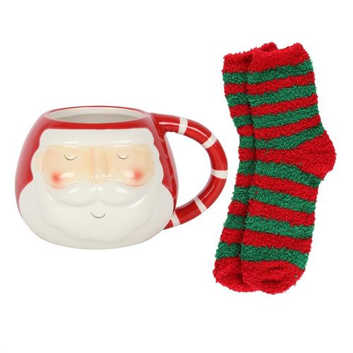 Santa Mug and Socks Set featuring a cheerful mug and fluffy striped socks, perfect for festive warmth and comfort.