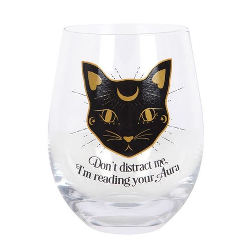 Reading Your Aura Stemless Wine Glass with a black cat and the text Don't distract me, I'm reading your aura