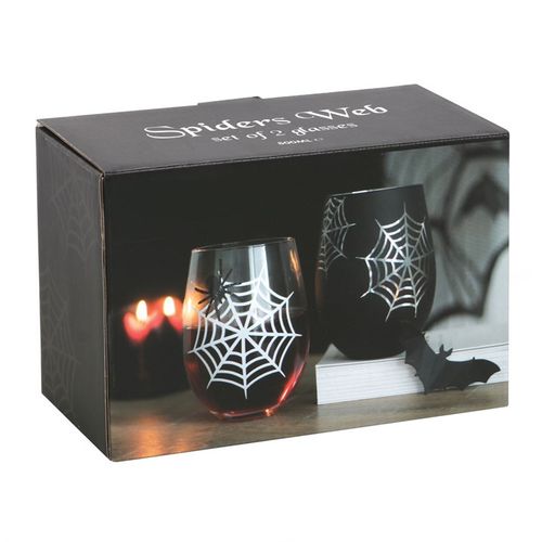 Set of 2 Spider and Web Stemless Wine Glasses in a stylish box, perfect for spooky nights of mischief and fun.