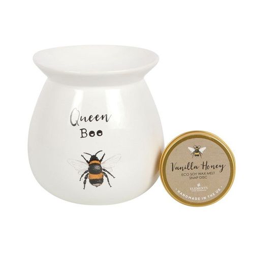 Queen Bee Wax Melt Burner Gift Set features a ceramic burner and Vanilla Honey soy wax disc for long-lasting fragrance.