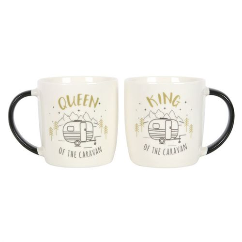 Matching King and Queen Couples Caravan Mug Set, perfect for sipping on adventures together, featuring charming caravan designs.