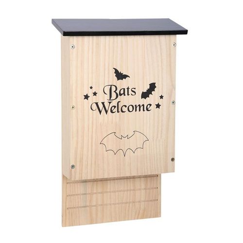 Wooden Bat House with "Bats Welcome" design, perfect for attracting beneficial bats to your garden.