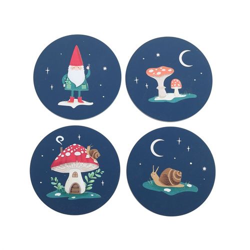 Gnome Sweet Gnome Coaster Set featuring whimsical gnomes and mushrooms, perfect for winter beverages.