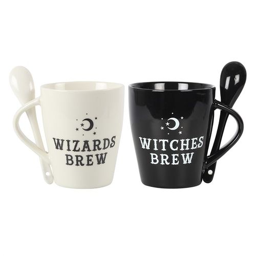 Witch and Wizard Couples Mug and Spoon Set with matching 'Witches Brew' and 'Wizards Brew' designs, perfect for gifting.