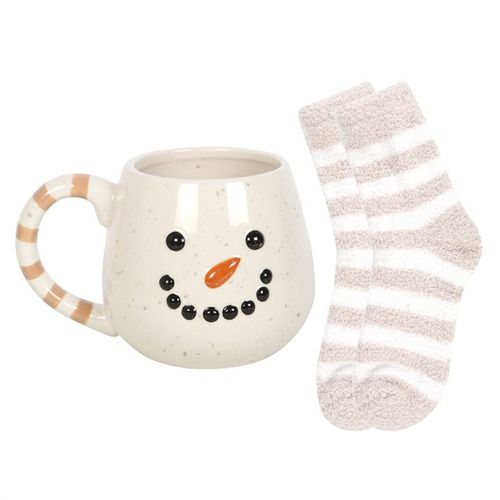 Snowman Mug and Socks Set featuring a cheerful snowman mug and fluffy striped socks, perfect for cosy winter days.