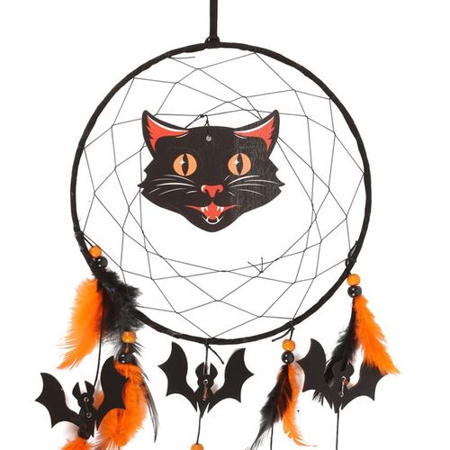 Bewitching Black Cat Halloween Dreamcatcher featuring a spooky cat and bats, perfect for festive decorations.