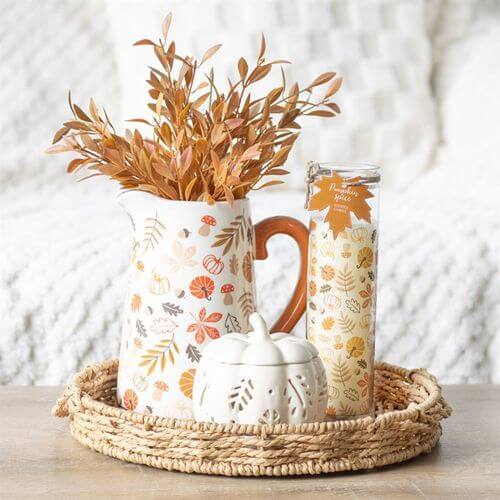 17cm Autumn Leaves and Pumpkins Ceramic Flower Jug with orange handle, perfect for autumnal displays and floral arrangements.
