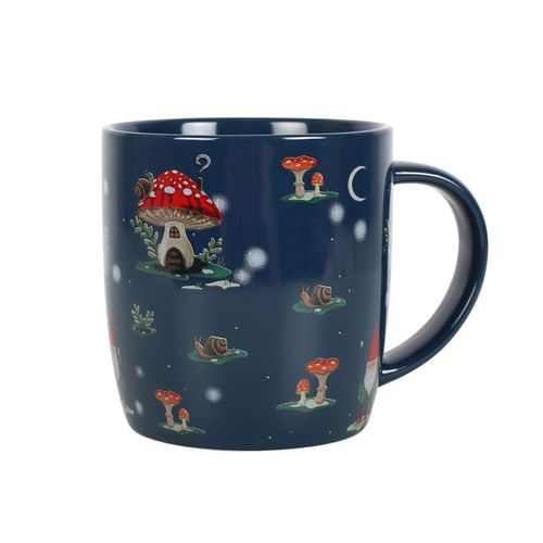 Gnome Sweet Gnome Print Mug with whimsical gnomes and mushroom houses on a navy-blue background, perfect for cosy mornings.