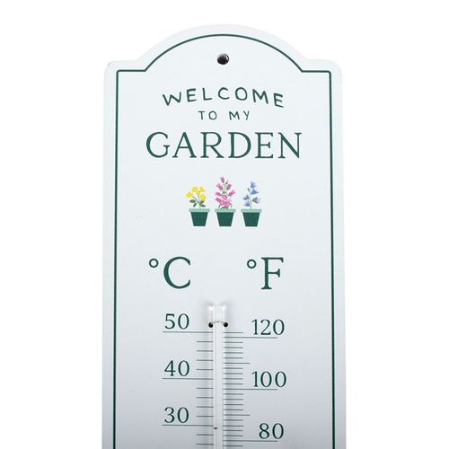 Welcome to My Garden Wall Thermometer displaying temperature in Celsius and Fahrenheit, perfect for your garden space.