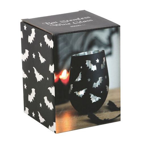 Bat Stemless Wine Glass by Batty Silver; black glass with white bat designs and silver interior, beside box.
