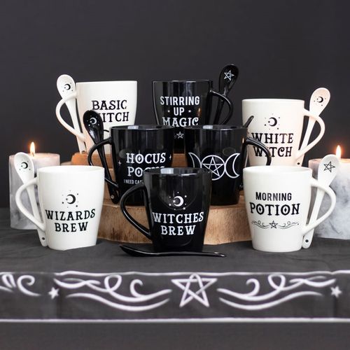 Witch and Wizard Couples Mug and Spoon Set featuring 'Witches Brew' and 'Wizards Brew' designs, perfect for magical moments.