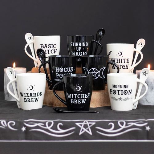 Witch and Wizard Couples Mug and Spoon Set featuring 'Witches Brew' and 'Wizards Brew' designs, perfect for magical moments.