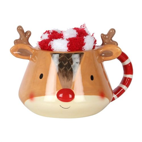 Cute Reindeer Mug and Socks Set featuring a charming mug and fluffy red and white striped socks, perfect for cosy Christmas moments.