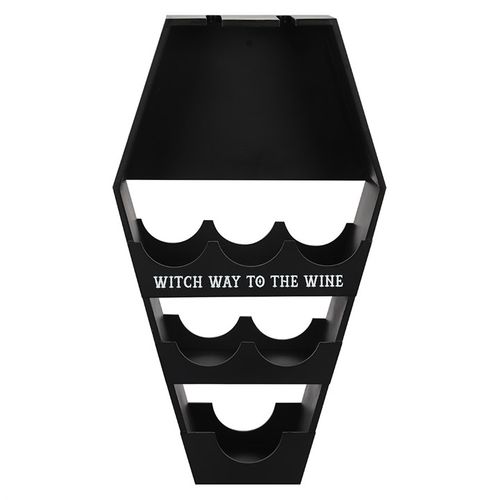 Coffin Wine Shelf with 'Witch way to the wine' text, holds six bottles and four glasses, perfect for spooky gatherings.