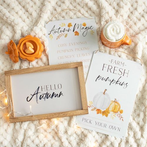 Hello Autumn Wooden Frame Sign adds a seasonal touch to home decor, featuring a painterly design in a light wood frame.