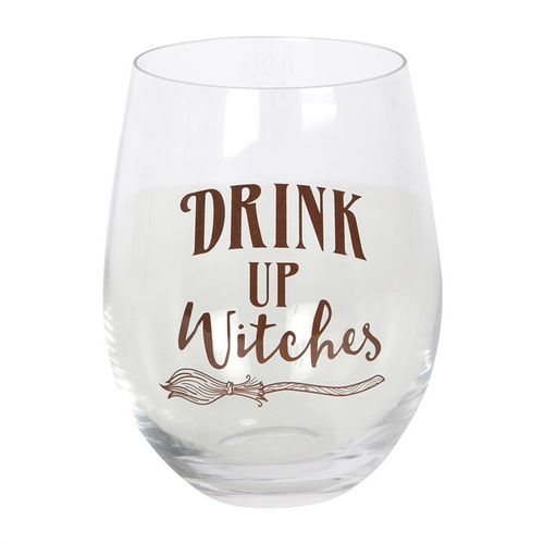 Drink Up Witches Stemless Glass with broom motif and the text Drink Up Witches, ideal for coven nights and girls’ night.