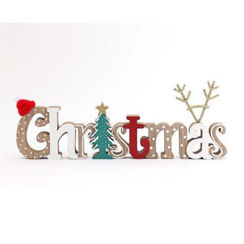 Festive Christmas Word Ornament with wooden letters, a knit hat, and reindeer antlers, perfect for your holiday decor.