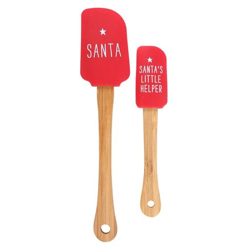 Santa's Helper Silicone Spatula Set: red silicone spatulas with Santa and Santa's Little Helper designs, wooden handles