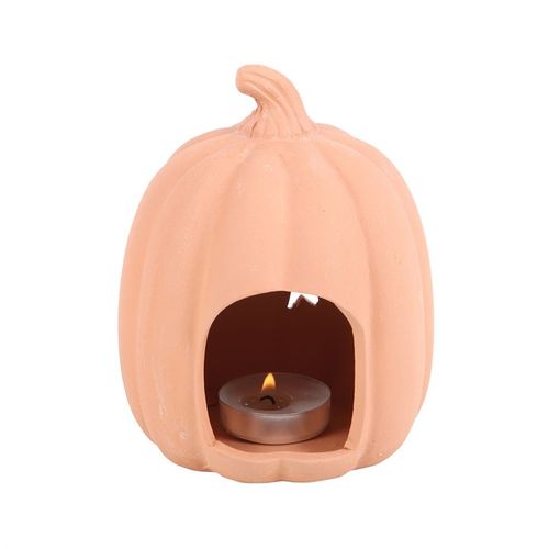 9cm Terracotta Pumpkin Tealight Holder, perfect for autumn, featuring star cut-outs for a warm, magical glow.