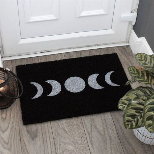 Black Moon Phase Doormat showcasing a mystical moon phase design, perfect for enhancing your doorstep's charm.
