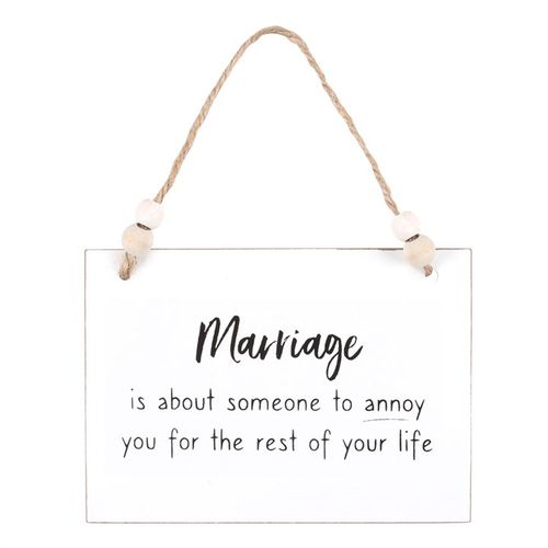 White wooden 'Marriage Someone To Annoy Hanging Sign' with twine and beads, perfect for family gift ideas.