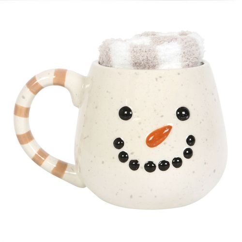 Charming Snowman Mug and Socks Set with fluffy striped socks, perfect for cosy winter days and festive gifting.