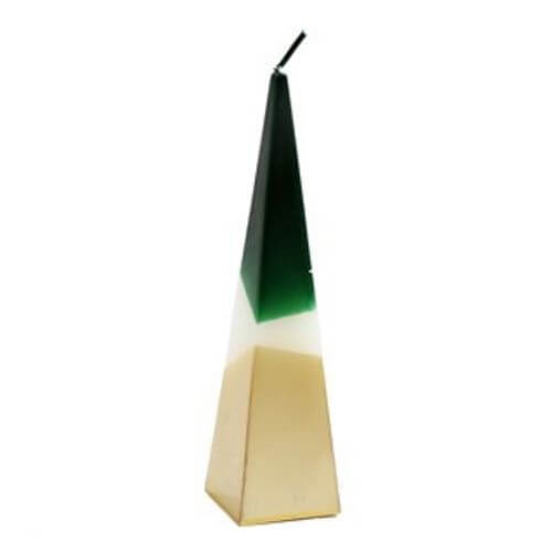 Stylishly crafted 20cm Green and Gold Pyramid Candle featuring a modern dipped design, perfect for home decor.