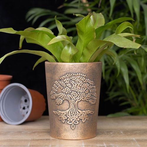 Stylish Tree of Life Bronze Terracotta Plant Pot by Lisa Parker, featuring intricate artwork and lush greenery.