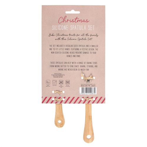 Santa's Helper Silicone Spatula Set packaging with two wooden-handled spatulas, festive Christmas design