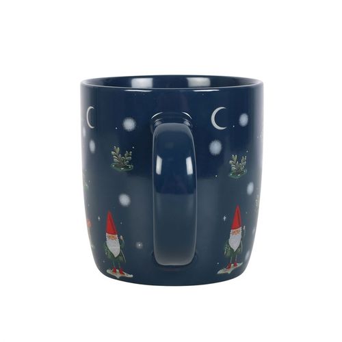 Navy blue Gnome Sweet Gnome Print Mug features whimsical gnomes and mushroom houses, perfect for magical mornings.