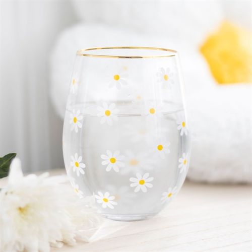 Cheerful All Over Daisy Print Stemless Wine Glass with gold rim, perfect for spring gatherings and gifting. 500ml capacity.
