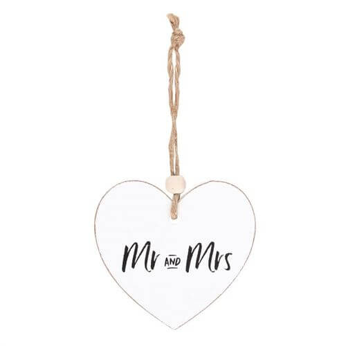 Charming Mr and Mrs Hanging Heart Sentiment Sign, perfect for gifts; white wooden heart with twine and bead.