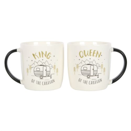 Matching King and Queen Couples Caravan Mug Set featuring stylish caravan designs, perfect for caravanning partners.