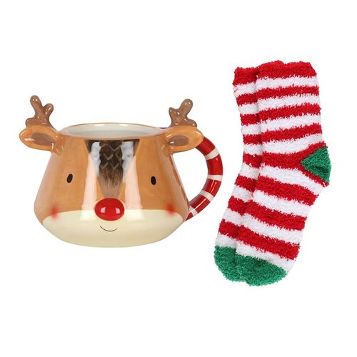 Cozy up with the Reindeer Mug and Socks Set, featuring a charming reindeer mug and fluffy striped socks. Perfect for gifts!