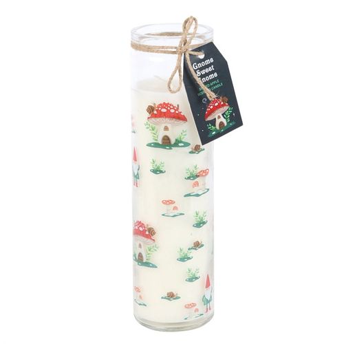 Gnome Sweet Gnome Spiced Apple Tube Candle features a whimsical gnome print, perfect for a cosy atmosphere.