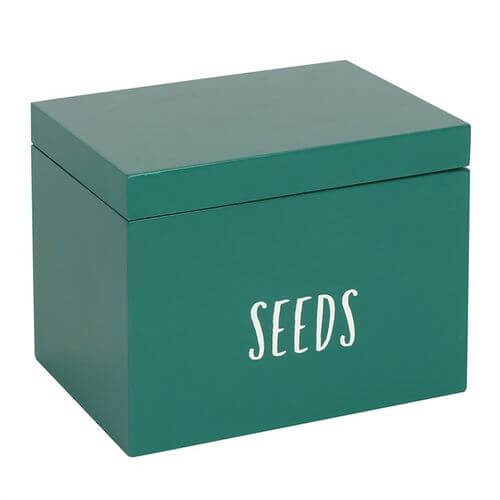 Stylish Seed Storage Box in green, perfect for organising seeds with dividers for every season. Dimensions: H13cm x W17cm x D13cm.