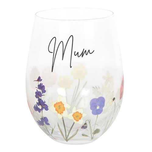 Mum Wildflower Stemless Glass featuring vibrant floral designs for enjoying drinks in the garden this summer.