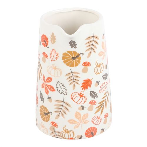 Brighten your autumn decor with the 17cm Autumn Leaves and Pumpkins Ceramic Flower Jug, featuring a charming design.