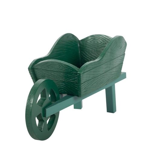 Whimsical Green Resin Wheelbarrow Planter, perfect for vibrant garden displays and adding character to your outdoor space.