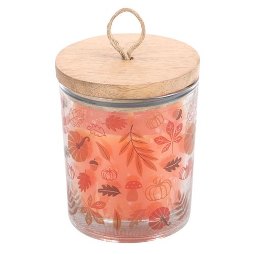 Cinnamon & Orange candle with autumn leaf design and wooden lid, perfect for celebrating Autumn Leaves Cinnamon.