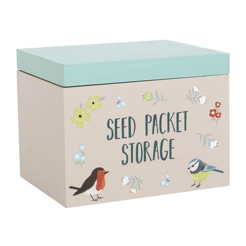 British Garden Birds Seed Packet Storage Box with charming bird illustrations, perfect for organising garden seeds.