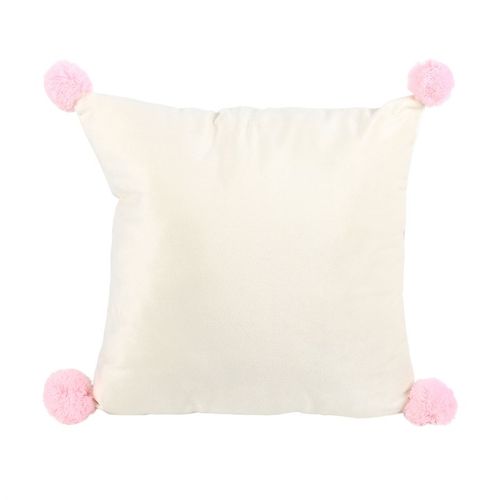 Square Sugarplum Fun Christmas Print Cushion featuring pink pom poms, perfect for festive home décor.