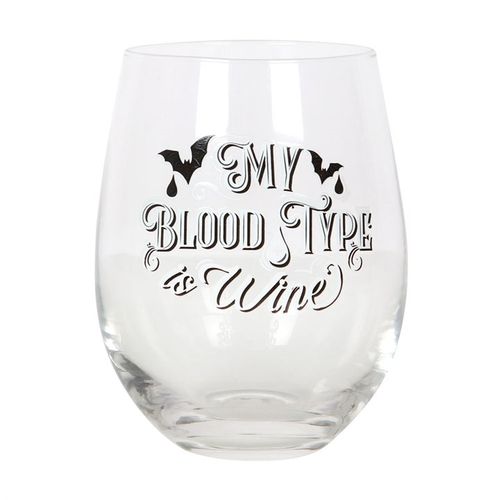 "My Blood Type is Wine Stemless Wine Glass features gothic bat designs, perfect for sipping red wine with style."
