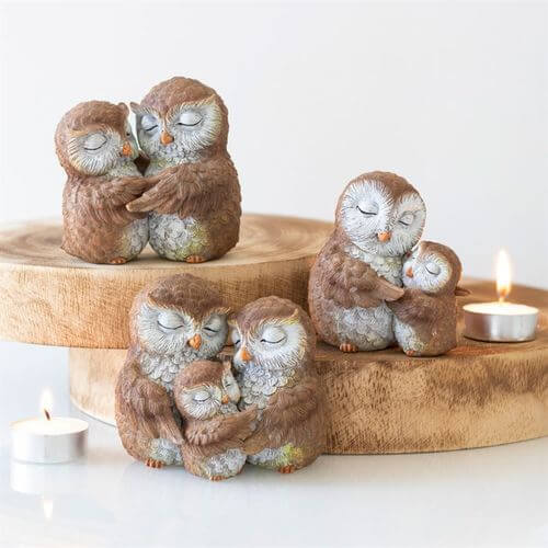 Charming Birds of a Feather Owl Couple Ornament showcasing two owls in a loving embrace, perfect for special occasions.