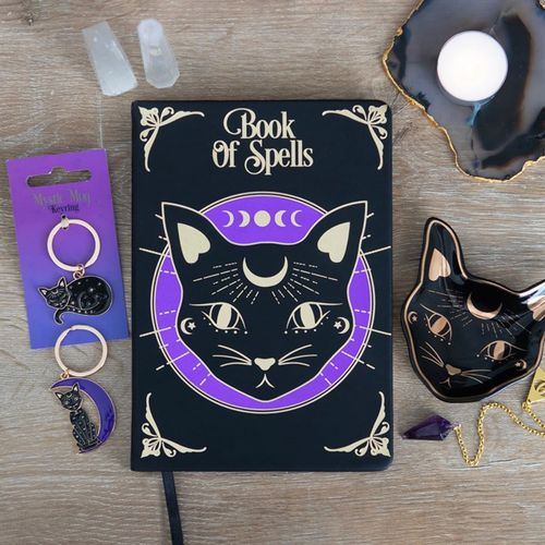 Mystic Mog Book of Spells A5 Notebook features a mystical cat design with gold foil and purple moon accents.