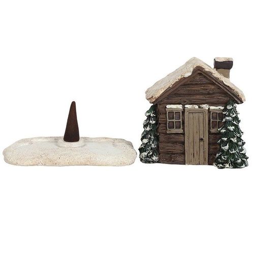 Charming Log Cabin Incense Cone Burner with chimney smoke, ideal for cosy winter nights and a warm atmosphere.