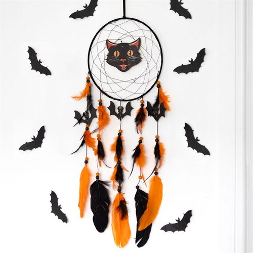Enchant your Halloween decor with the Black Cat Halloween Dreamcatcher, featuring striking black and orange colours.